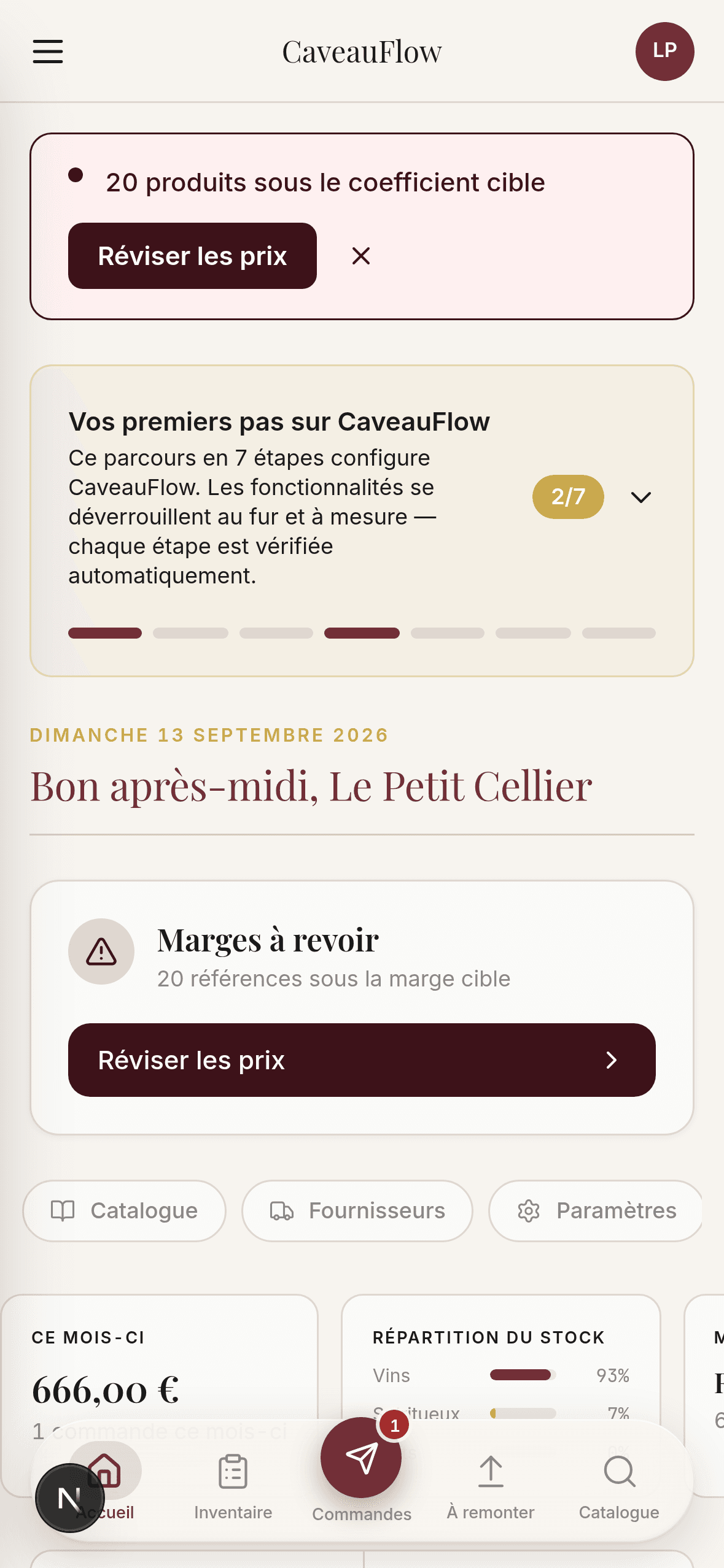 Tableau de bord CaveauFlow sur téléphone, capture réelle du produit